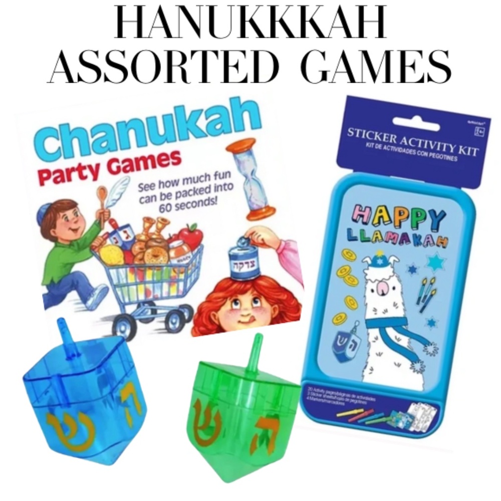 Hanukkah Assorted Gifts - Party Games One Minute, Sticker Activity Kit, Dreidels